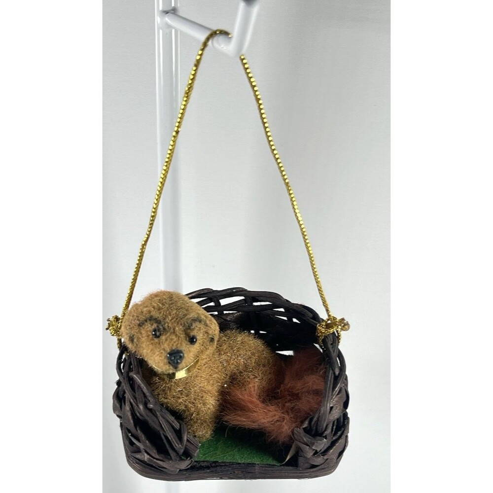 VTG Flocked Short Haired Dachshund Dog In Wooden Bed Ornament Ultra Rare 1970s